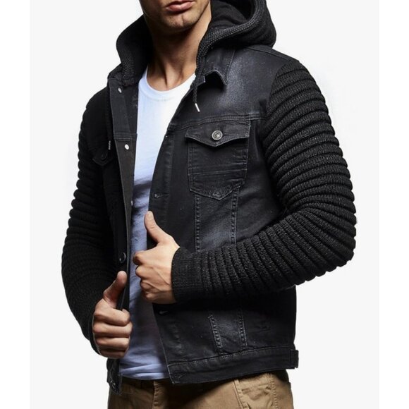 Men's Black‎ Denim Trucker Jacket Knitted Sleeves Hooded Jean Jacket Hoodie - Picture 1 of 3